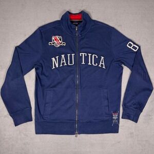 Vintage Nautica Mens Navy Blue Full Zip Track Jacket Logo Crest Mock Neck Medium